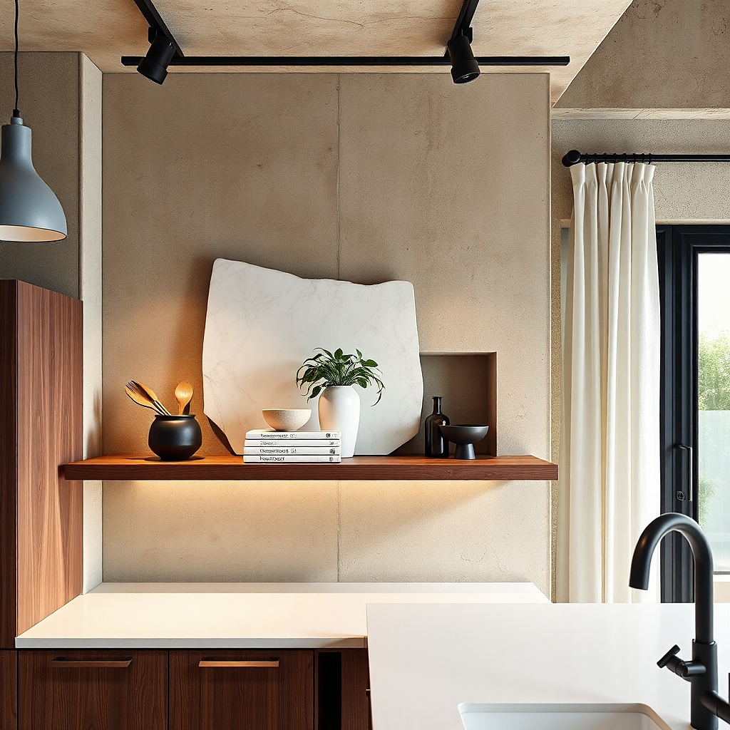 Shelf with a small ceramic planter, a neutral book stack, and a black utensil crock
