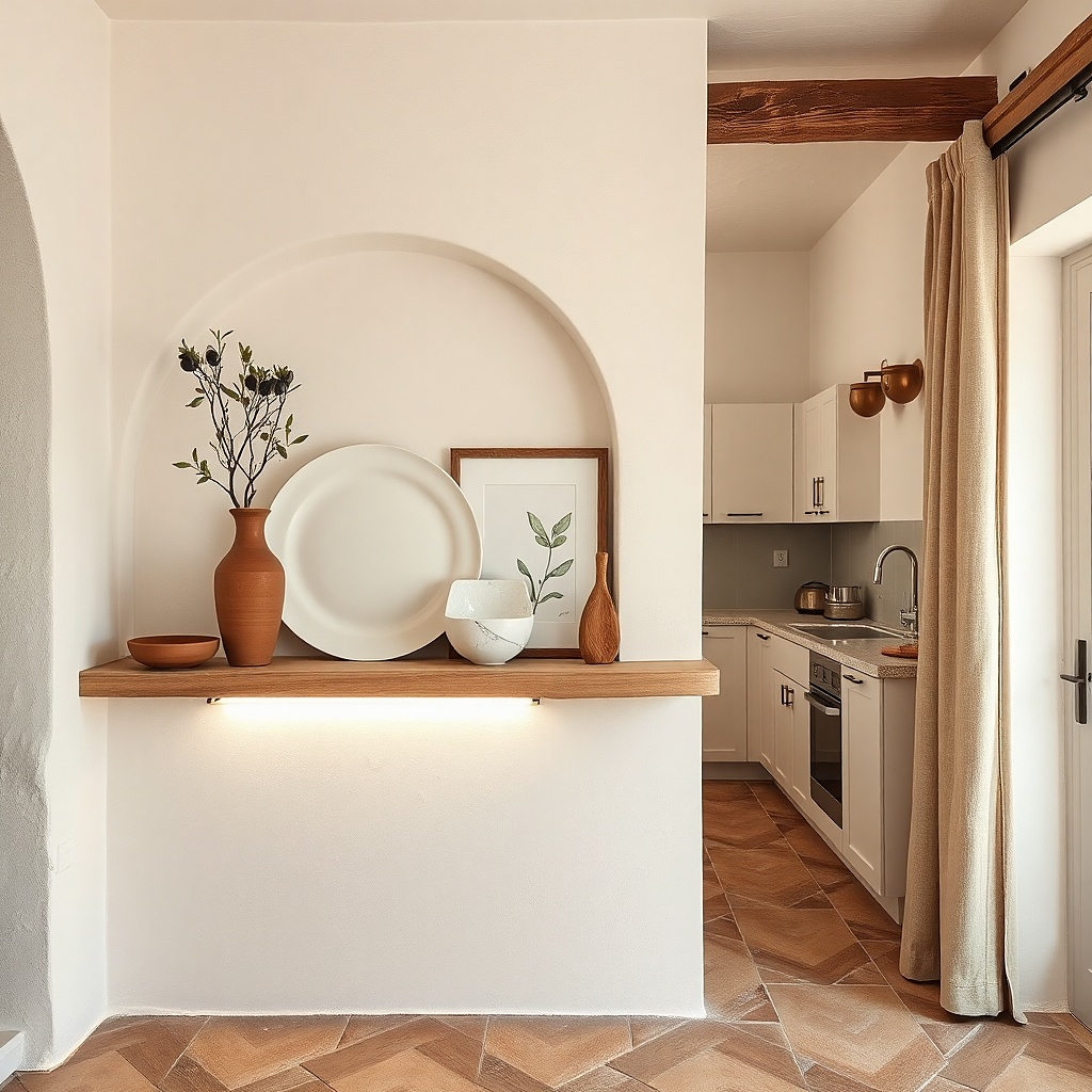 Kitchen shelf with two flat ceramic plates and a small standing frame