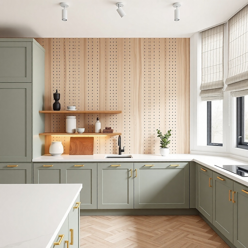 Kitchen shelf with a light pegboard backing and a small jar vignette