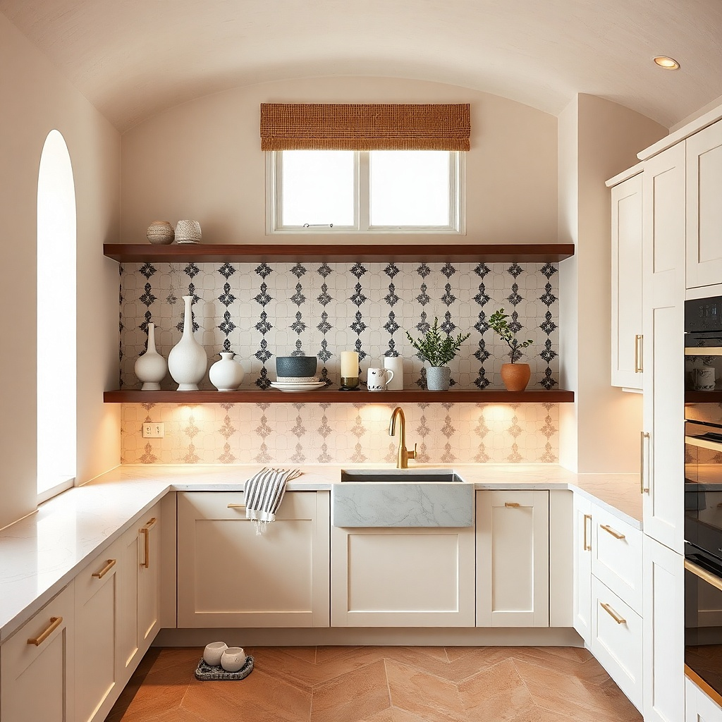 Kitchen shelf with black-and-white tile coasters supporting a small vase and jar
