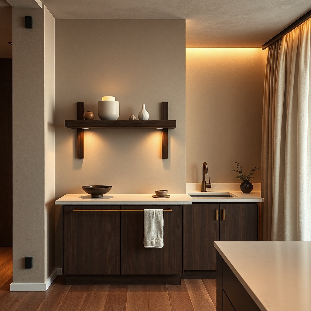 Floating shelf with one large candle and two small ceramic dishes