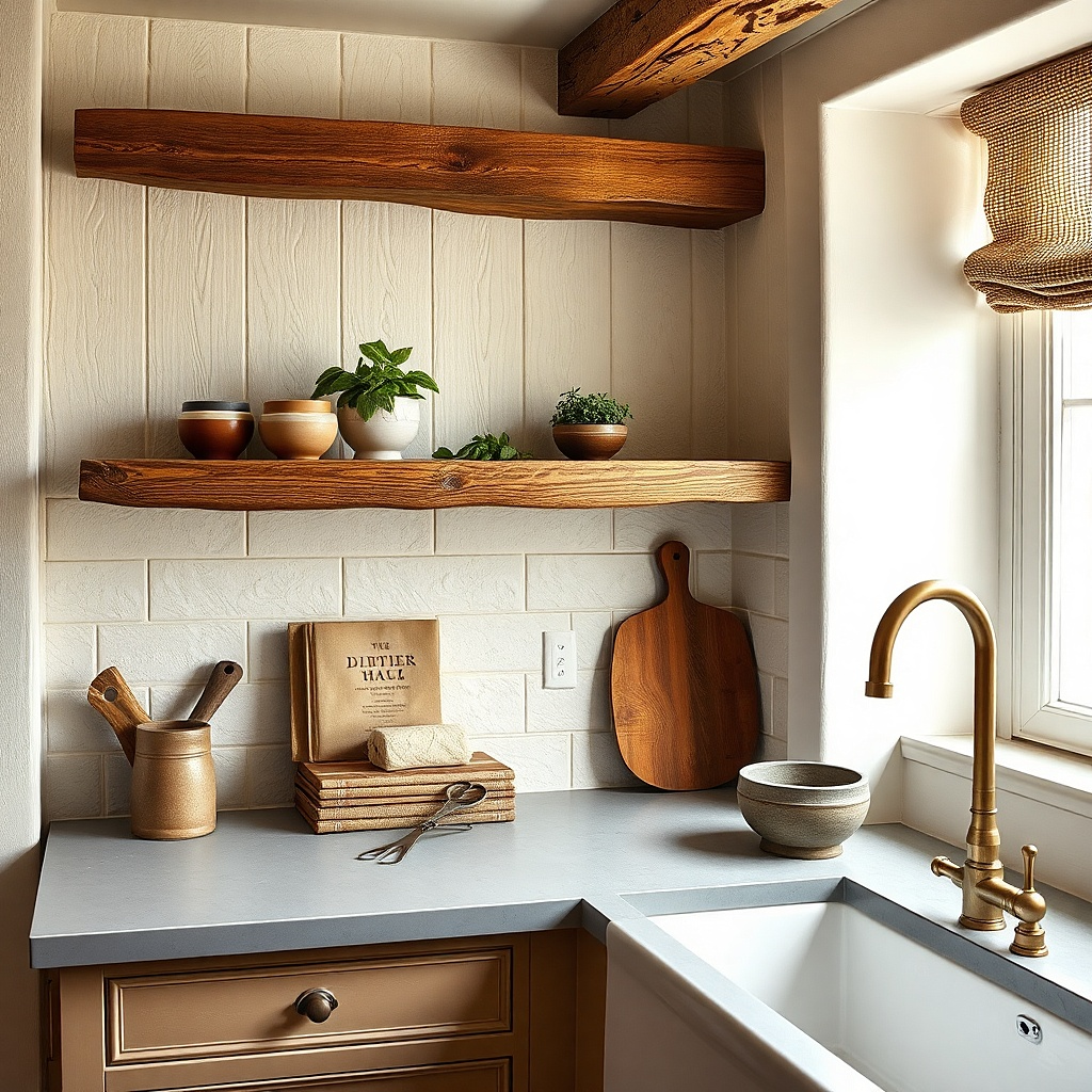 Small kitchen shelf with three ramekins and one seasonal herb sprig