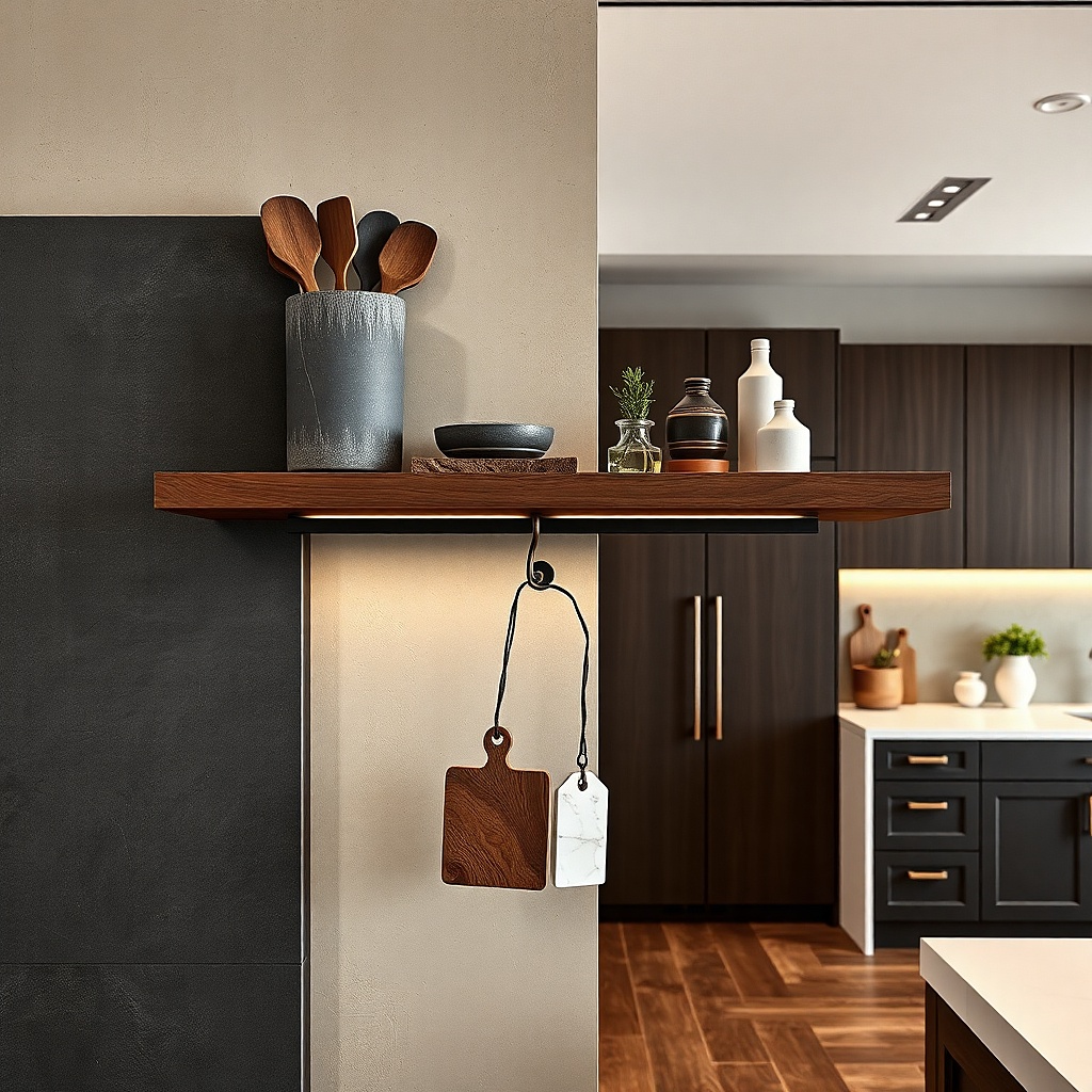 Kitchen shelf with a utensil holder and a small hook holding a cloth