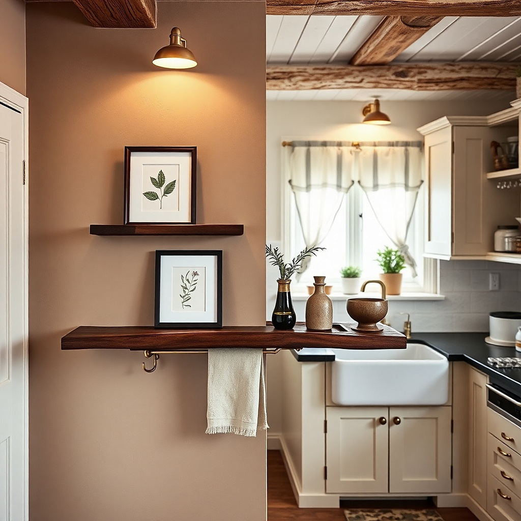 Kitchen shelf with two small framed prints leaning behind a single tray of decor