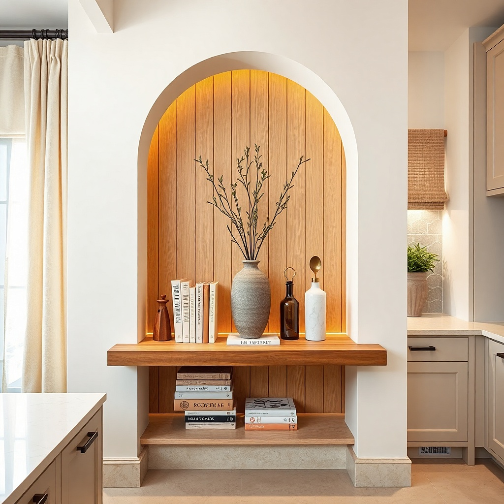 Kitchen shelf with vertical cookbook stand, narrow runner, and one ceramic vase