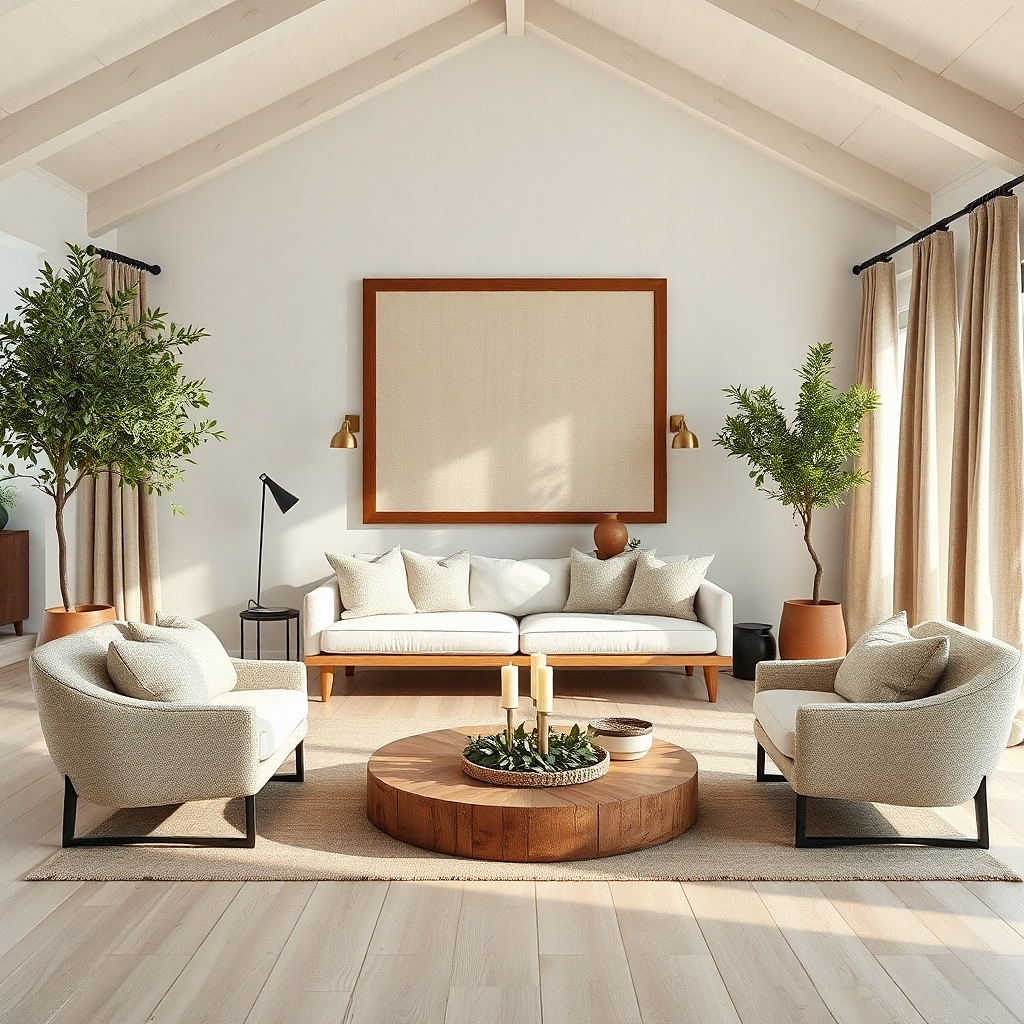 Warm cream linen artwork in a wide wood frame above a sofa
