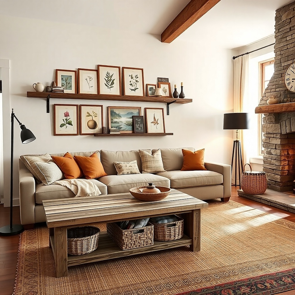 Black metal and wood wall ledge with small neutral decor items