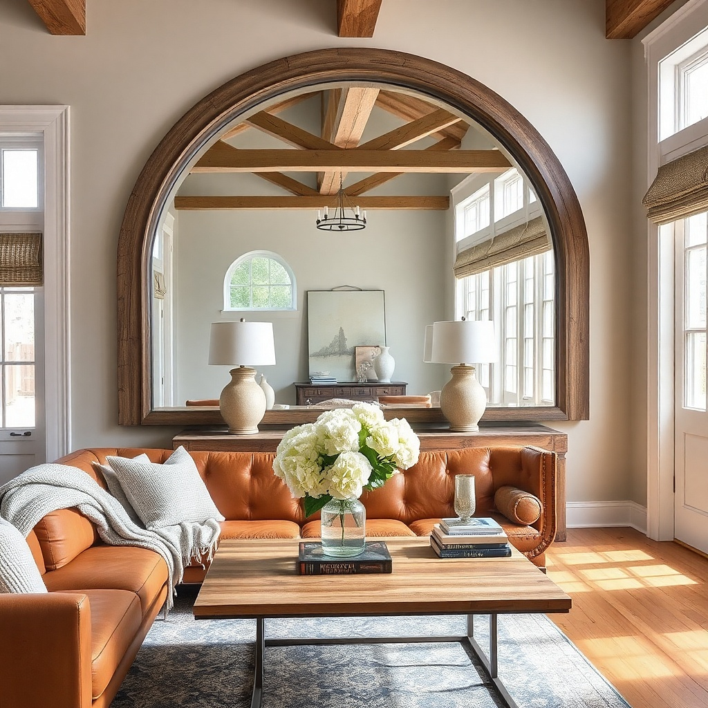 Distressed wood-framed mirror over a console table with neutral decor