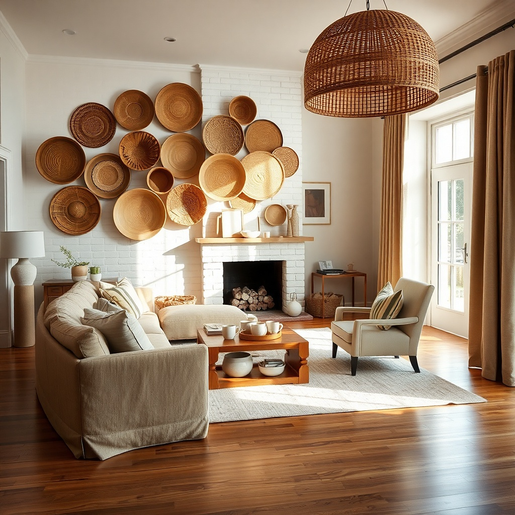 Three woven baskets on a wall in tan and natural beige