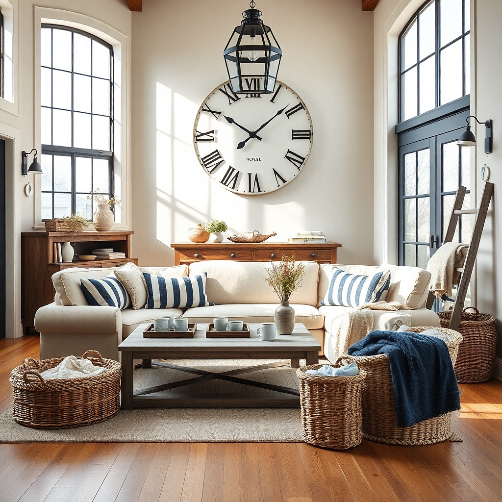 Large farmhouse wall clock with neutral face and wood accents