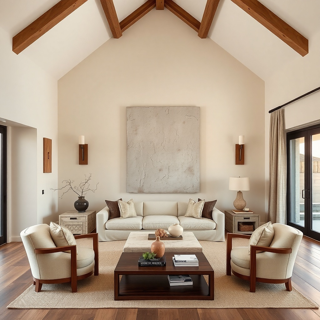 Two wall sconces with warm linen shades flanking a framed print