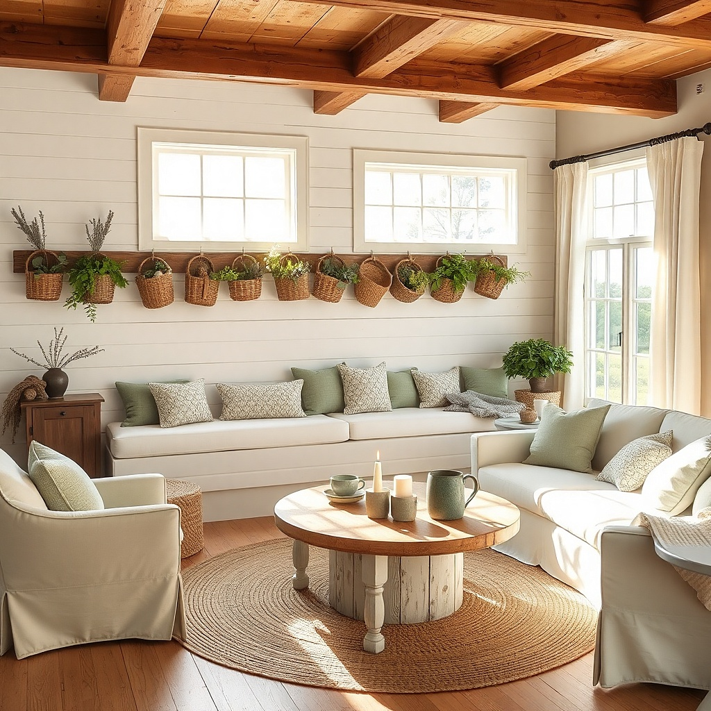 Three small hanging baskets on a wall rail with neutral decor