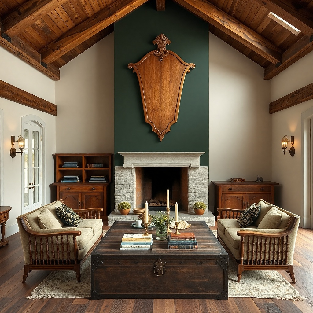 Neutral wood wall crest with simple lines and a centered emblem