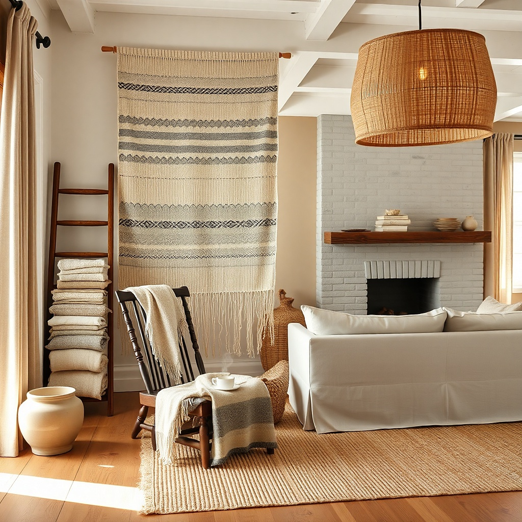 Neutral woven wall hanging with fringe placed slightly off-center