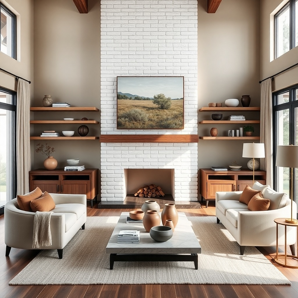 Three floating shelves with neutral vases and one framed print