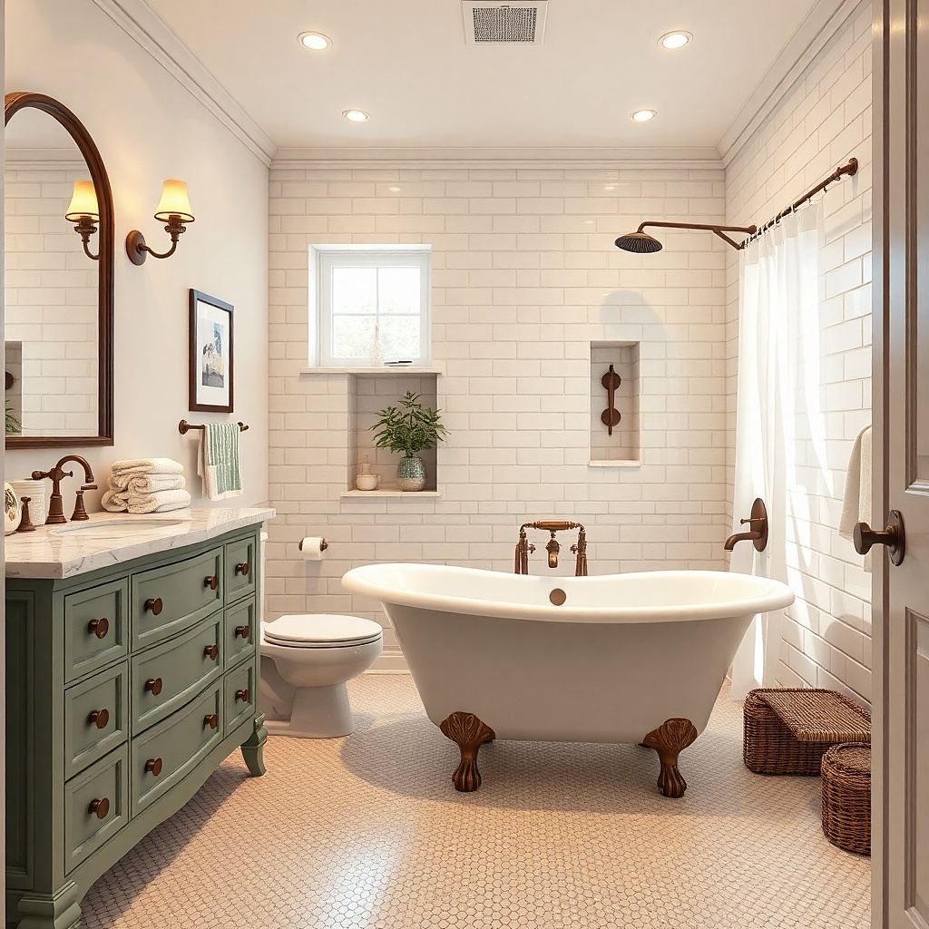 Cream clawfoot tub with oil-rubbed bronze wall shower and clear glass panel