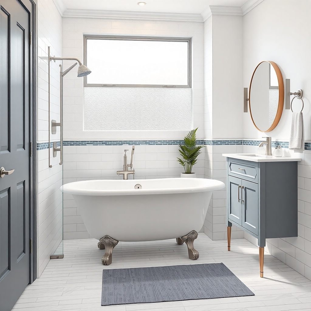 White subway tile wall behind clawfoot tub with brushed nickel shower trim and glass screen