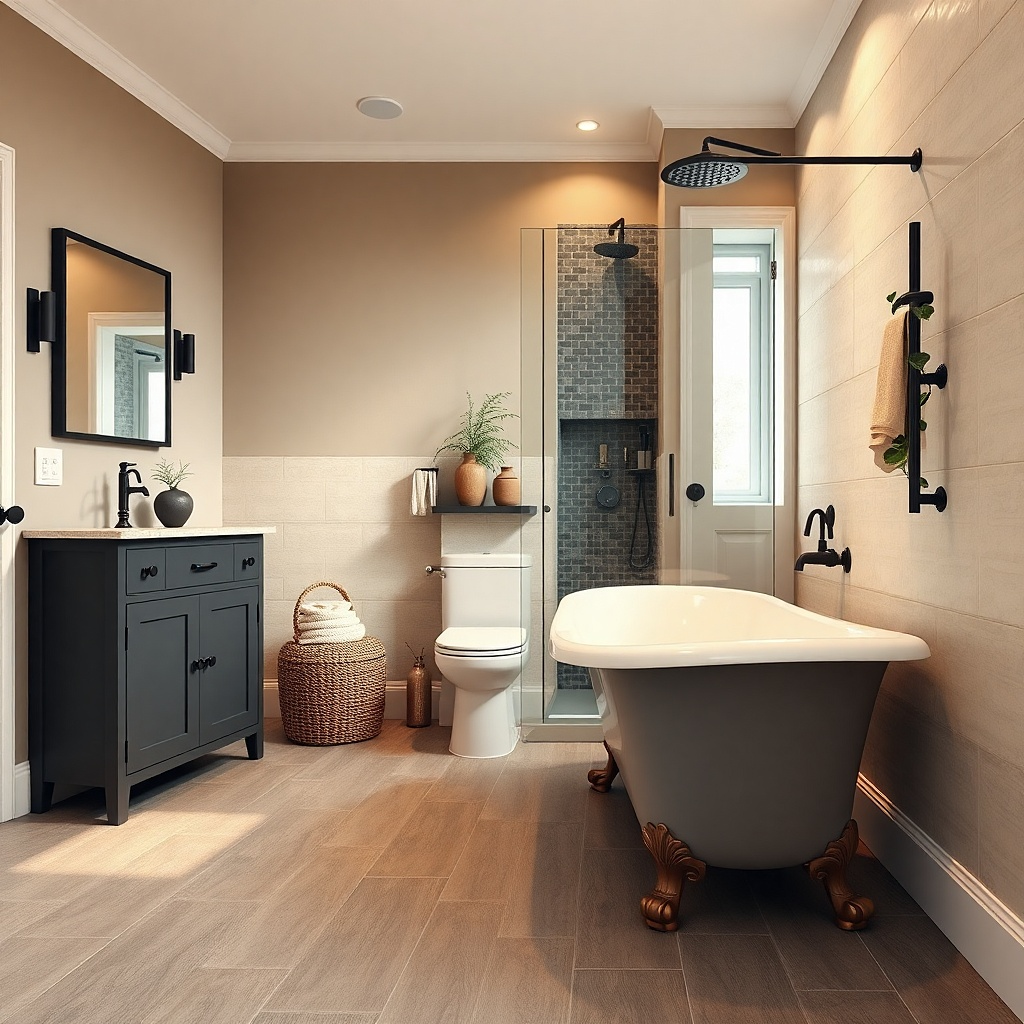 Cream clawfoot tub with matte black shower head and clear corner glass screen
