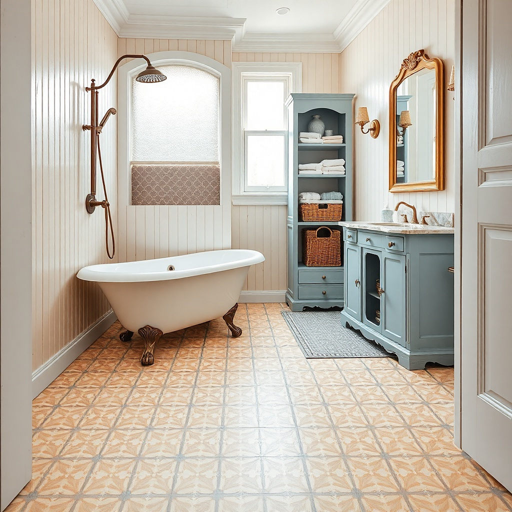 Clawfoot tub with bronze shower hardware and patterned floor tiles with clear glass