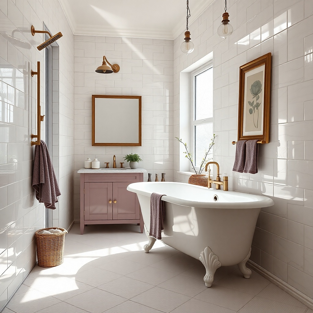 Clawfoot tub with clear pivot door and open shelf wall for toiletries