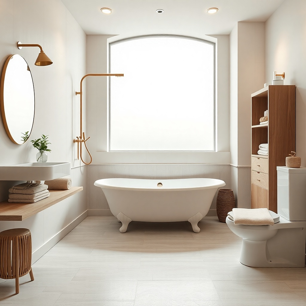 Clawfoot tub with brass shower trim and frameless glass screen near a white oak vanity