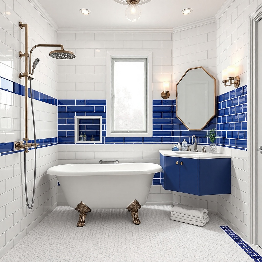 Clawfoot tub with brushed nickel showerhead and retro blue accent tiles