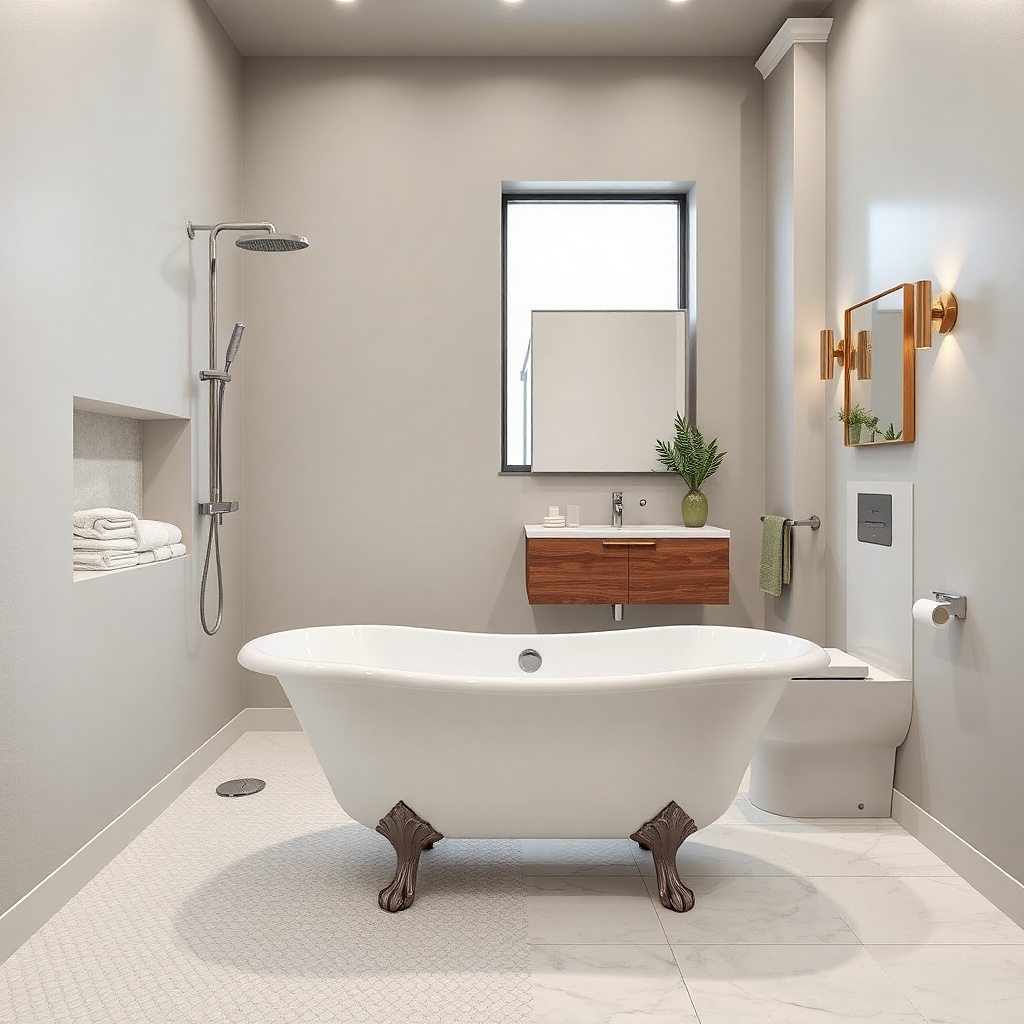 Clawfoot tub with matte white tile surround and clear shower screen