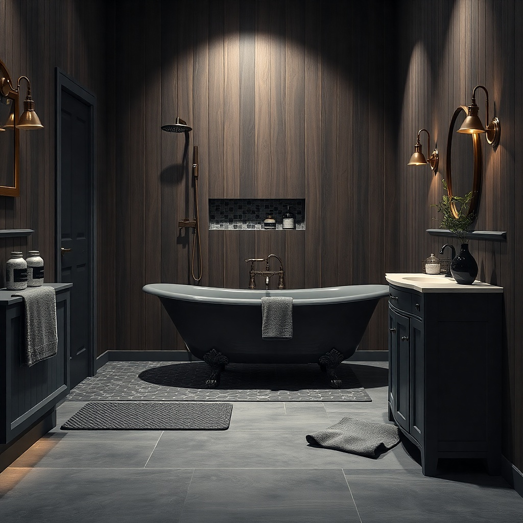 Clawfoot tub against dark walnut-look panel wall with oil-rubbed bronze shower hardware