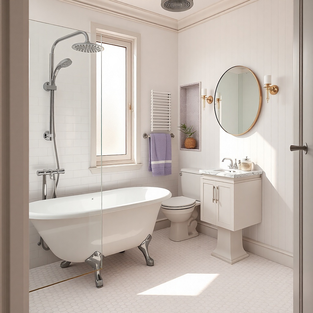 Clawfoot tub with white hex floor tile and clear sliding glass door