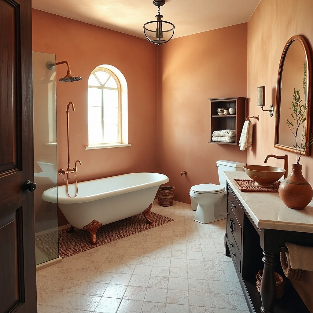 Clawfoot tub with terracotta wall color and copper shower hardware with clear panel