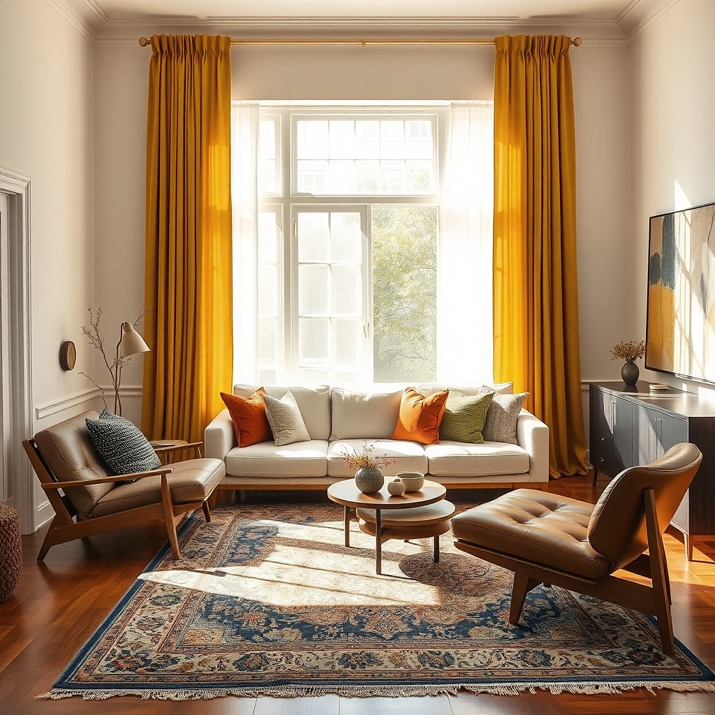 Butter yellow curtains on a black rod in a beige living room