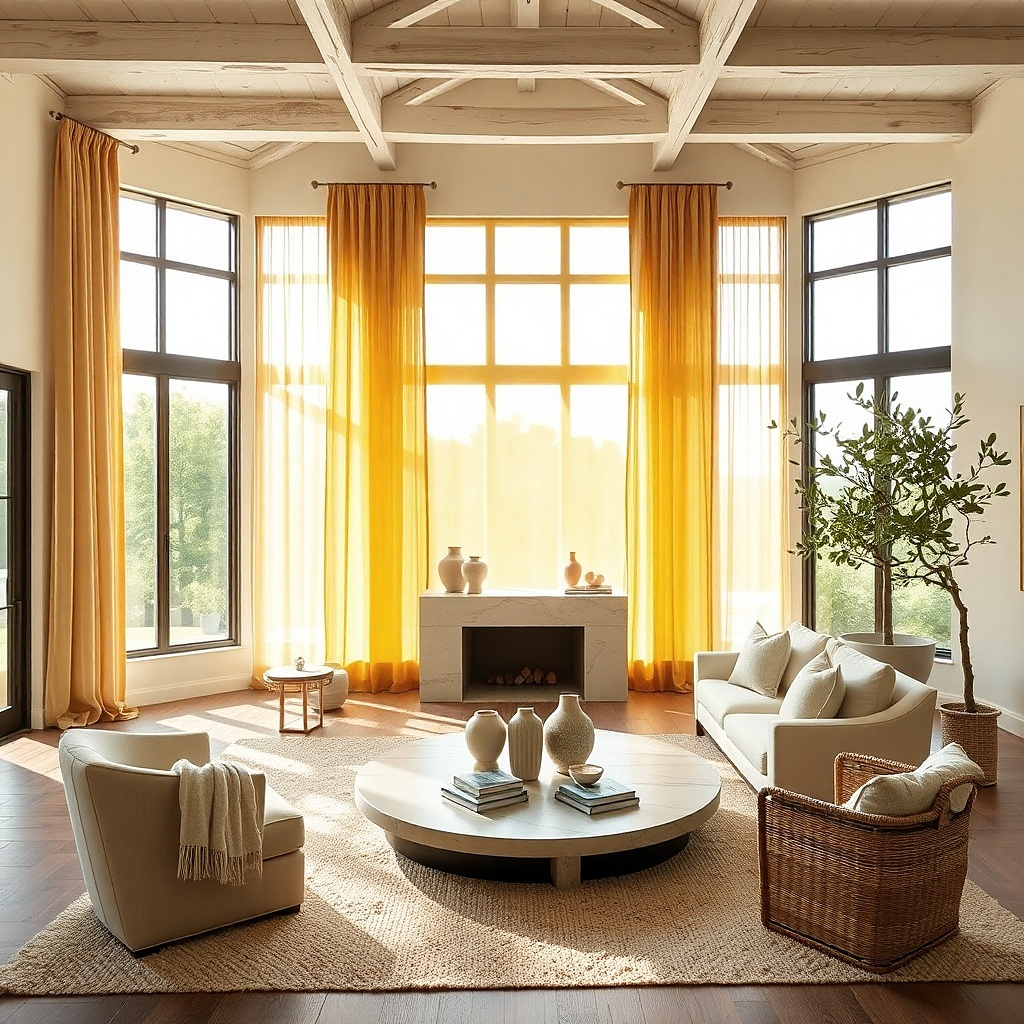 Muted mustard curtains beside a white sofa and white walls