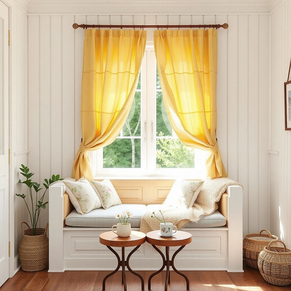 Pale yellow sheer curtains layered under oatmeal drapes