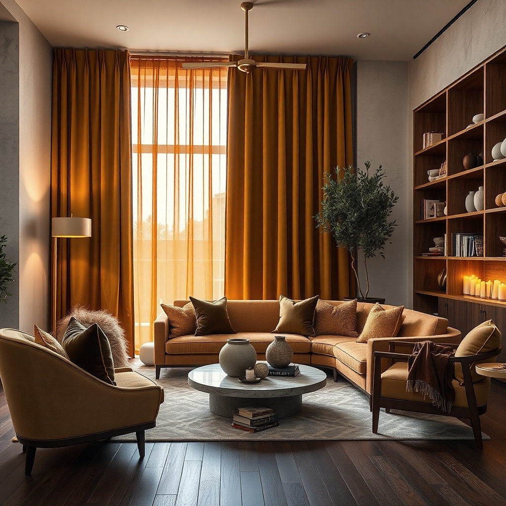Yellow and white striped curtains in a bright living room
