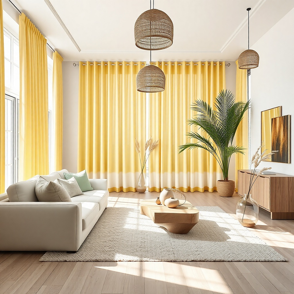 Cream curtains with small yellow block print in a neutral living room