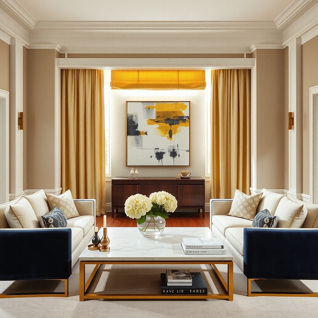 Golden yellow Roman shade with cream side panels