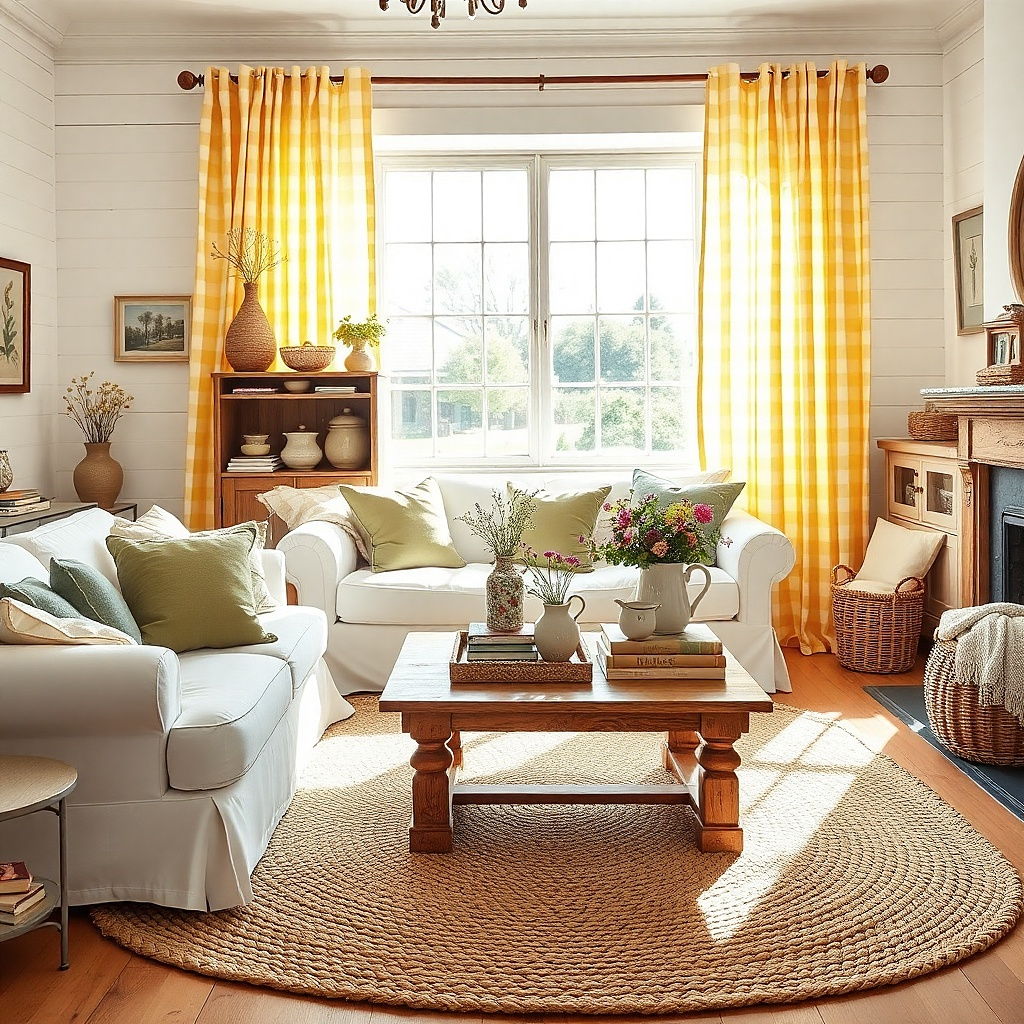 Yellow gingham curtains in a casual cottage-style living room