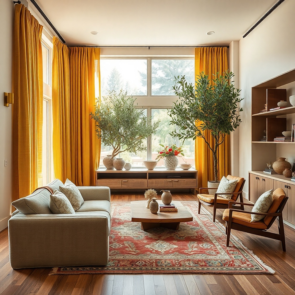 Washed saffron curtains with walnut furniture and cream sofa