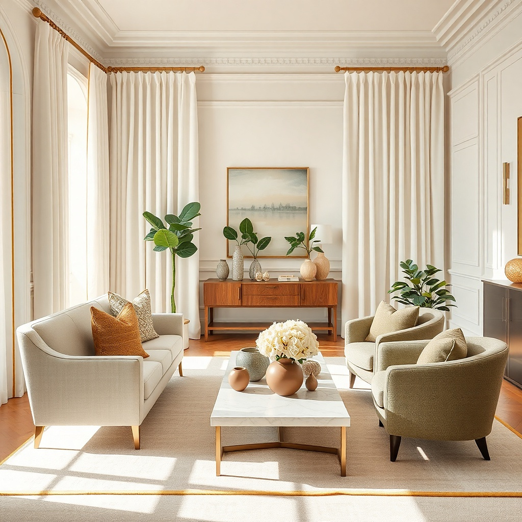 White curtains with yellow border trim in a bright living room