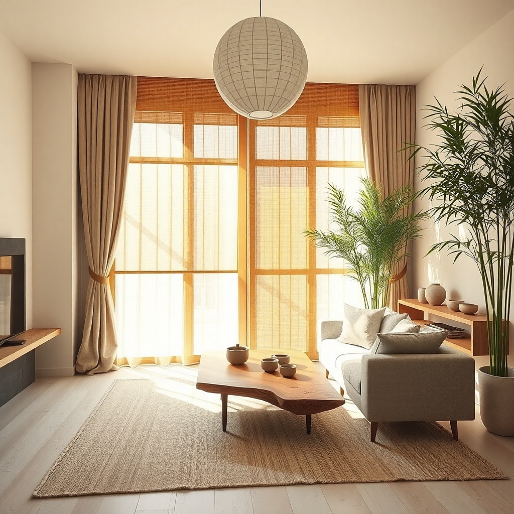 Pale straw curtains layered with bamboo shades