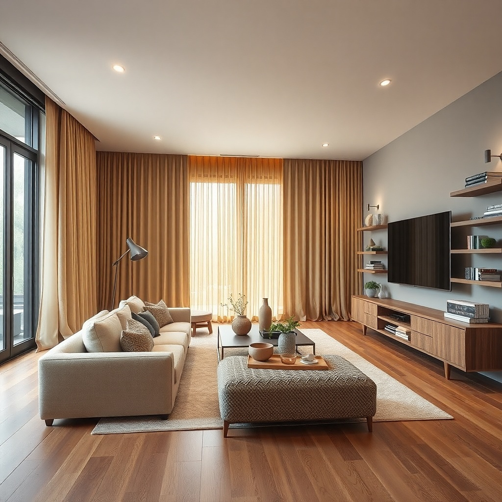 Soft yellow blackout curtains in a cozy TV living room