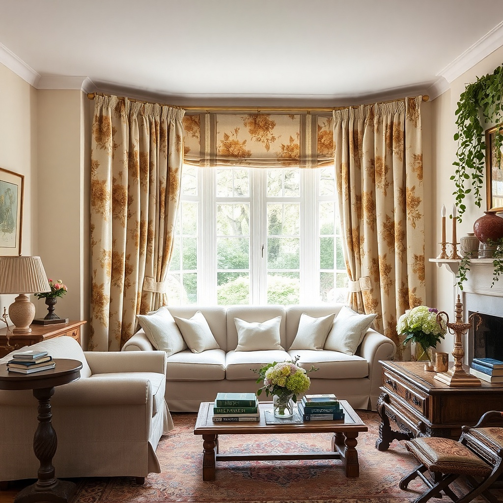 Golden floral curtains with plain cream furniture