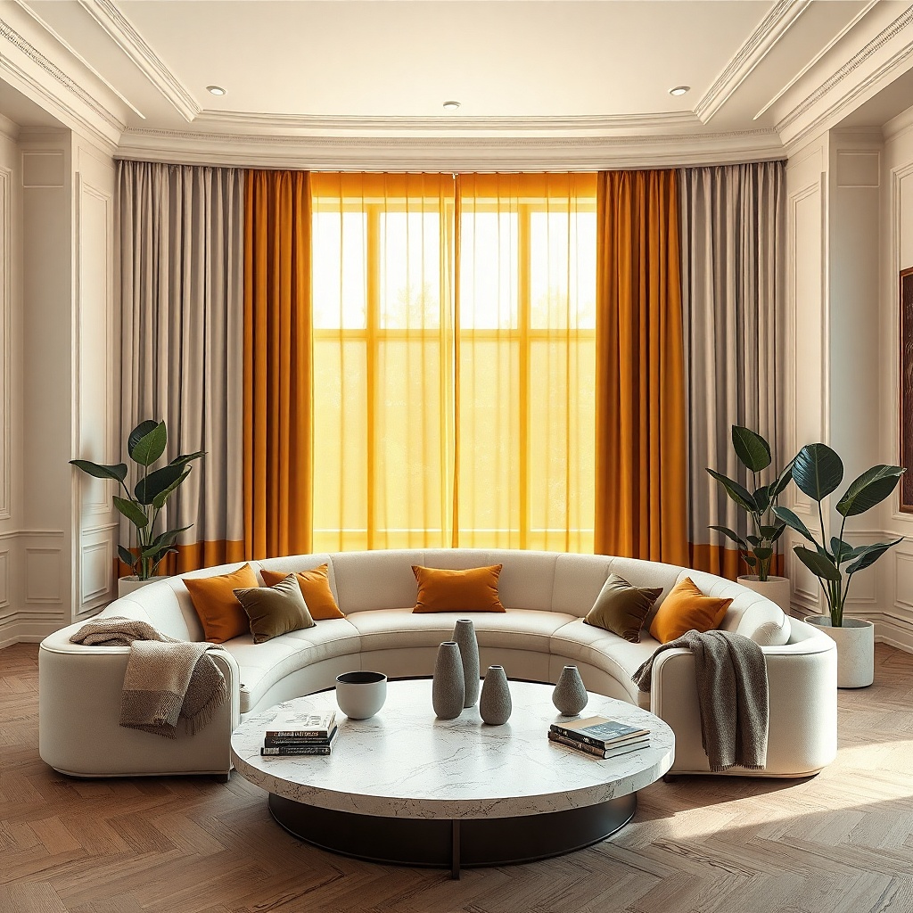 Cream and yellow color-block curtains in a living room