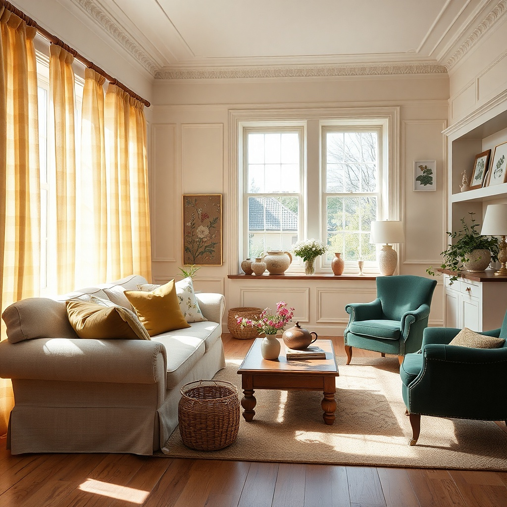 Yellow checked curtains with dark green pillows in a living room
